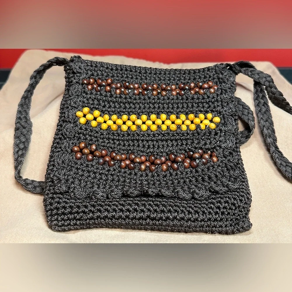 Vintage Crocheted Brown Small Crossbody Bag Fold Over Flap With Wood Bead Accent